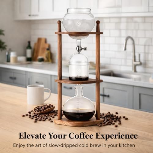 Nispira Iced Coffee Cold Brew Drip Tower Coffee Maker, 6–8 Cup Manual Cold Brew Brewer with Adjustable Valve, Wooden Frame & Glassware, Slow Cold Extraction System