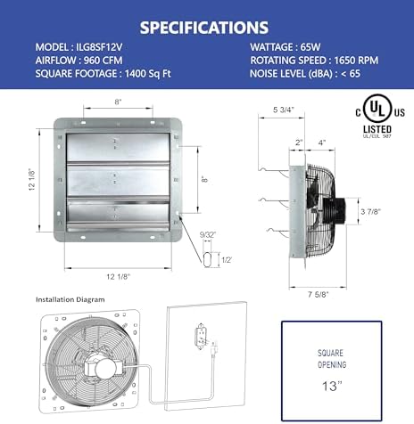 iLIVING 12" Wall Mounted Shutter Exhaust Fan, Automatic Shutter, with Thermostat and Variable Speed controller, 0.6A, 960 CFM