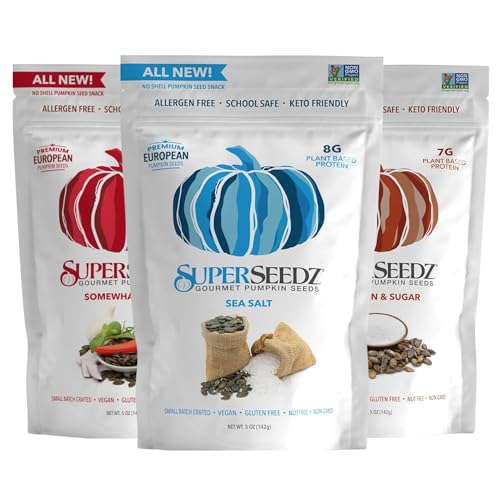 SuperSeedz Dry Roasted Pumpkin Seeds with Sea Salt w/8g Protein (5oz Bag) | Nn-GMO, Gluten-Free, Keto Snacks – Nut-Free & School Friendly Organic Pumpkin Seeds – Large European No Shell Pepitas