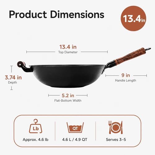 WANGYUANJI 12.6 Inch Cast Iron Wok with Wooden Lid, Handcrafted Flat Bottom Chinese Stir Fry Pan, Uncoated Heavy-Duty Iron Wok for Induction, Gas