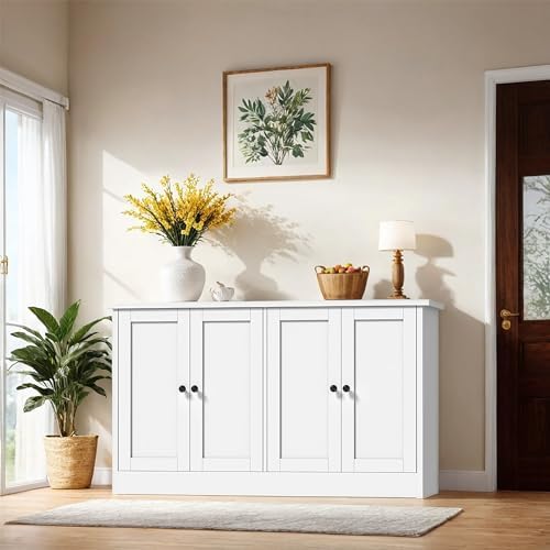 holzart White Buffet Cabinet with Storage, 49" Modern Kitchen Sideboard with 4 Doors & Adjustable Shelves, Wood Coffee Bar Cabinet Console Table for Dining Room, Living Room, Entryway