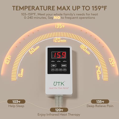 UTK Far Infrared Heating Pad for Back Pain Relief, Natural Jade, 23.5x16 in | 52 Natural Jade & 20 Tourmaline Stones, Up to 159°F, 4H Auto-Off, Memory Function, FSA-HSA Eligible, Gifts for Women & Men