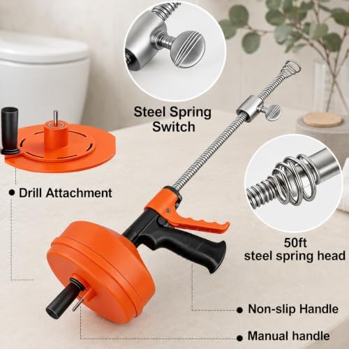 50 FT Double Mode Drain Snake Tools, 14-in-1 Drain Auger for Sink and Drain Unblocking, Plumbing Snake for Kitchen, Bathrom and Shower Sink
