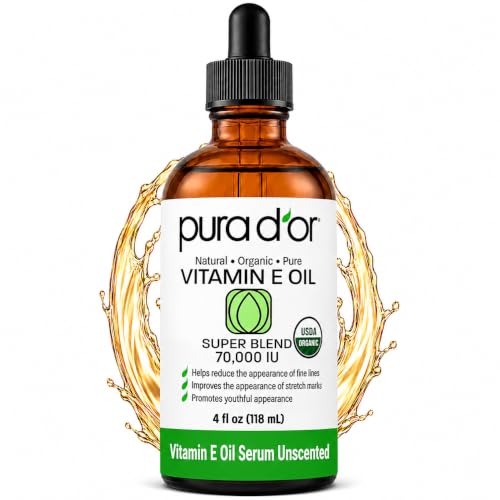 PURA D'OR Vitamin E Oil Botanical Blend, 4 fl oz | Ultra-Nourishing Hydration, USDA Certified, Jojoba, Argan, Almond, Avocado, Body Massage, Cuticles