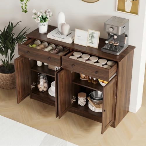 holzart White Buffet Cabinet with Storage, 49" Modern Kitchen Sideboard with 4 Doors & Adjustable Shelves, Wood Coffee Bar Cabinet Console Table for Dining Room, Living Room, Entryway