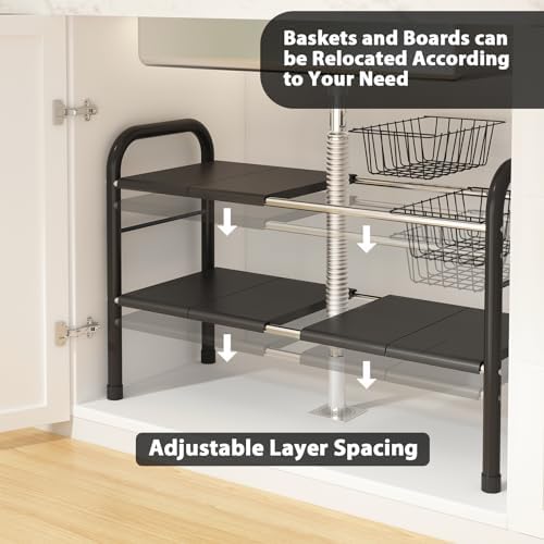 Expandable Under Sink Organizer, 2 Tier Under Sink Shelf | With 2 Removable Baskets and 6 Removable Panels