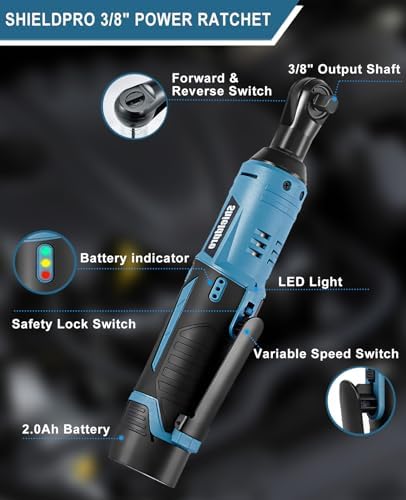 Cordless Electric Ratchet Wrench Kit,40Ft-lb 3/8" Power Ratchet Wrench 1-Hour Fast Charge,2 Packs 2000MA Lithium-Lon Battery,1/4 Adaptor,Extension Bar