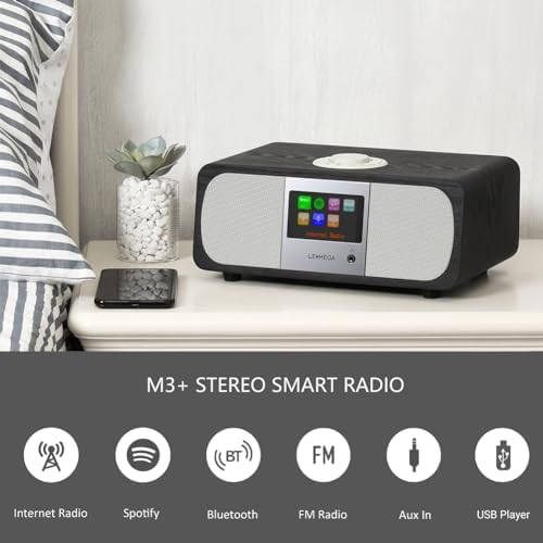 LEMEGA M3+ Internet Radio, Podcasts,Spotify, Bluetooth, FM Stereo, Walnut | Full colour display, 40 presets, remote control, acoustic wooden cabinet, headphone jack, USB, AUX-in, dual alarms clock