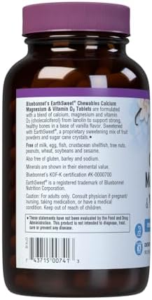 Bluebonnet Nutrition Calcium Magnesium Plus Vitamin D3 Earthsweet, Bone Health & Muscle Relaxation, Soy-Free, Gluten-Free, Kosher Certified, Dairy-Free, 90 Vanilla Flavored Chewable Tablets | Bone Health; Kosher Certified, Gluten-Free, Soy-Free, Dairy-Fr…
