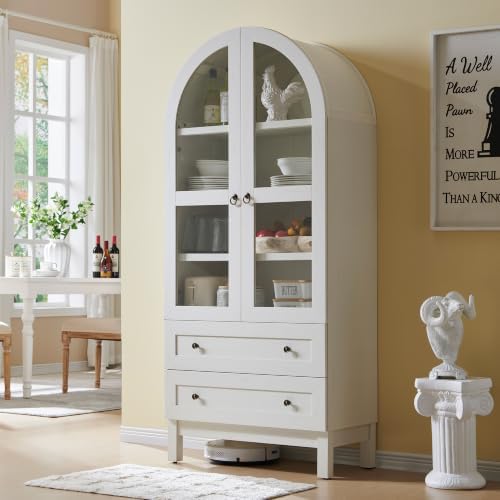IFGET 71" Tall Arched Kitchen Pantry, Modern Farmhouse Wood Kitchens Storage Cabinets with 2 Large Drawers and Adjustable Shelves, Versatile Cupboard for Kitchen, Dining Room, Bathroom, Natrual