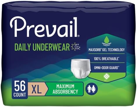 Prevail Daily Protective Underwear - Unisex Adult Incontinence Underwear - Disposable Adult Diaper for Men & Women - Maximum Absorbency - XX-Large - 12 Count (Pack of 4) | Prevail Daily Unisex Underwear Maximum Disposable Incontinence Underwear Pull On w…