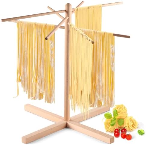 iSiLER Natural Beech Wood Pasta Drying Rack with 8 Branches, Easy to Transfer for Drying Pasta and Spaghetti, Special Suspension Design for Storage