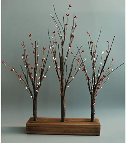Battery Operated w/Timer Illuminated Pip Berry Tree Centerpiece Lighted Three Trees Tabletop LED Lights, for Home/Party/Wedding/Festival/Indoor Decoration, 21-Inch