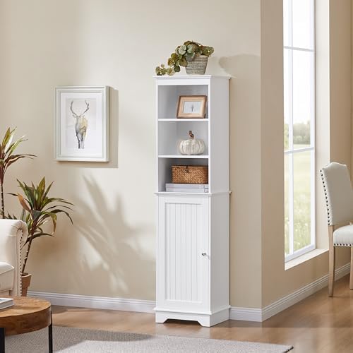 Yaheetech Tall Narrow Bathroom Storage Cabinet with Door and Shelves, White | Linen Closet for Towels, Toiletries and Laundry, Open Display Shelves