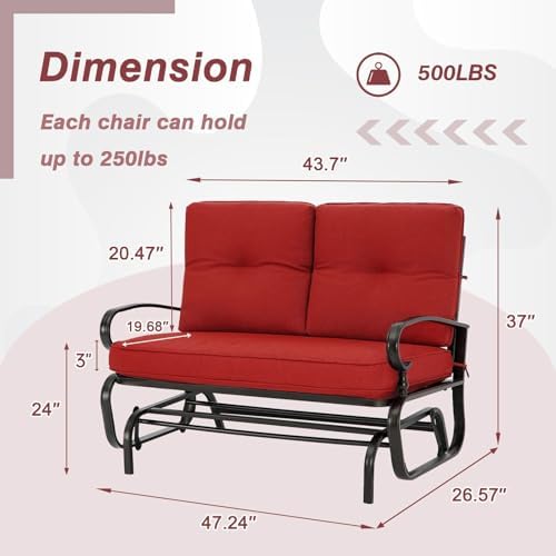 Outdoor Glider Rocking Bench 2 Person Patio Loveseat Steel Frame Furniture Set with Removable Cushion for Patio, Garden, Yard, Porch (Red)