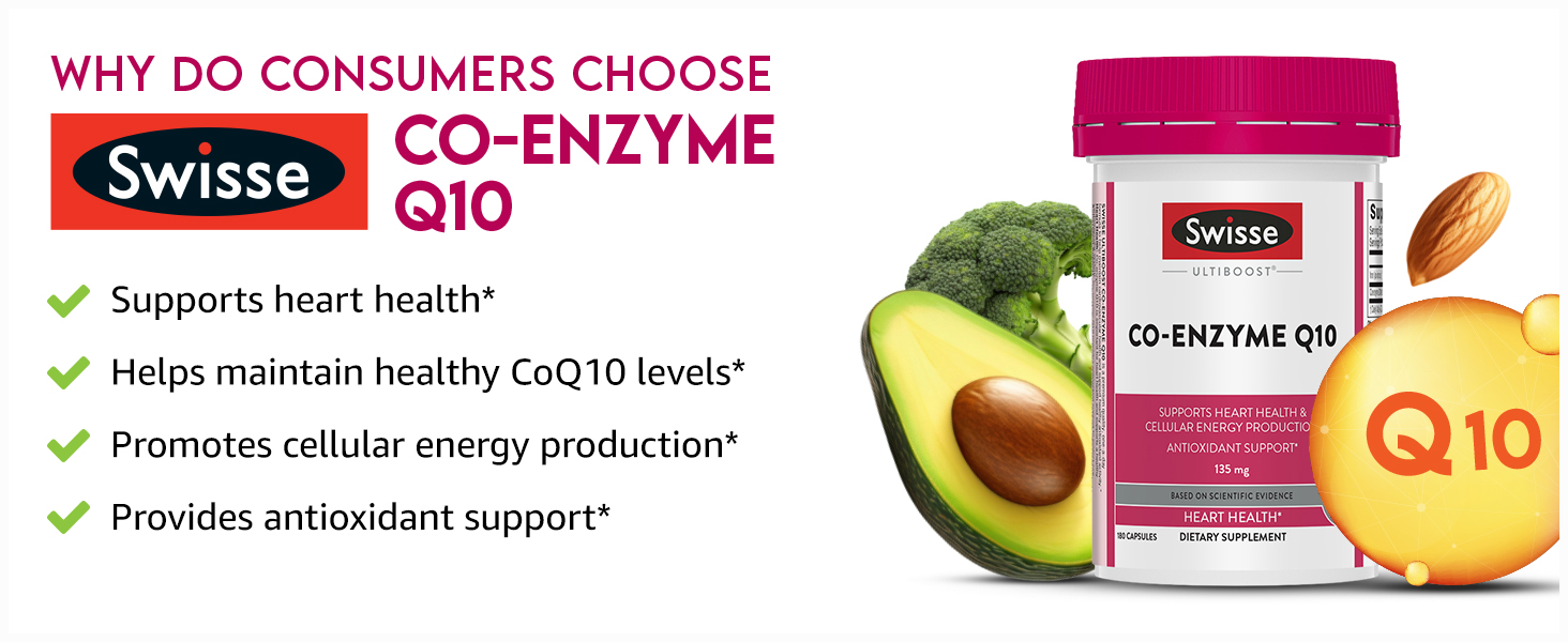 Swisse Co-Enzyme Q10 supplement bottle with avocado and broccoli
