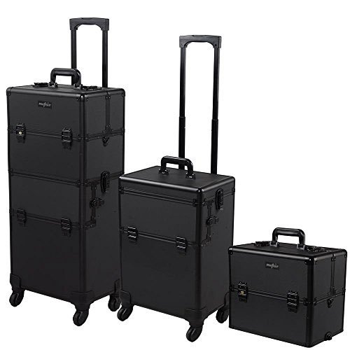 mefeir 2 in 1 Rolling Makeup Train Case Professional Cosmetic trolley on Wheels Aluminum Nail Cart Cosmetic Suitcase for professional makeup artist, Luggage Lockable w/4 Removable Wheels (Black)