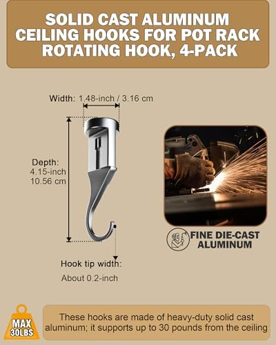 Cooks Standard Classic Hooks, 4 Pack Aluminum Ceiling Hooks for Pot Rack, 30 lbs Max Load Heavy Duty Kitchen Hooks Hanger , Waterproof and Oilproof