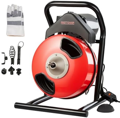 drain cleaner machine，50 Ft x1/2 Inch Electric drain auger, Portable Design, Comes with 6 knife heads, gloves，Foot air switch control