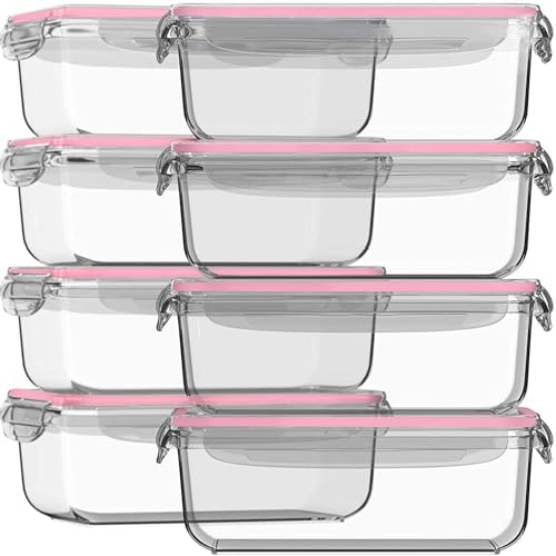 Razab 16 Pc (Set of 8) 30 Oz Glass Meal Prep Containers with Lids, Airtight Large Glass Food Storage Containers, Reusable Leak Proof BPA Free, Freezer to Oven and Dishwasher Safe
