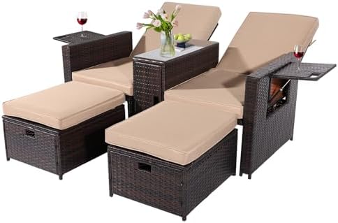5PCS Outdoor Wicker Chaise Lounge Chair - Rattan Adjustable Reclining Patio Lounge Chair with Ottoman and Coffee Table