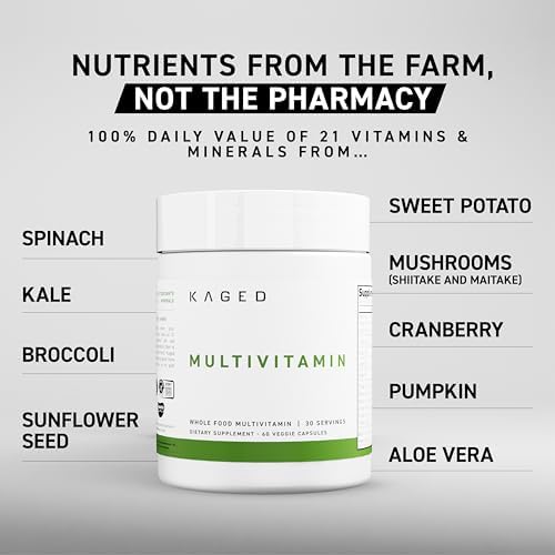 Kaged Multivitamin Capsules | Unflavored | Whole Foods Organic Fruits & Veggies | Plant Based Vegan Multivitamin | Vitamin C, D, E