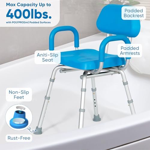 Comfortable Shower Chair for Elderly and Disabled for Inside Shower Seats | Sit Securely While Bathing - Blue, padded seat, adjustable height, aluminum frame, backrest, 400 lb