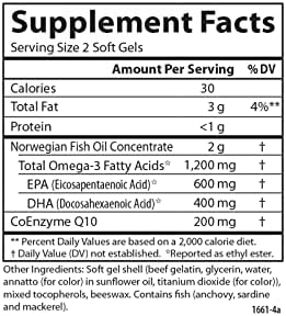Carlson Super Omega-3 Gems + CoQ10, 1200 mg, Omega-3s, 60 Softgels | 200 mg CoQ10; Norwegian; Wild Caught; Sustainably Sourced