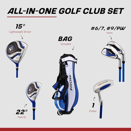 Precise - Kids Golf Club Set | Lightweight graphite shafts, hybrid & irons, putter, stand bag included, for boys and girls, ages 3-12, left/right hand