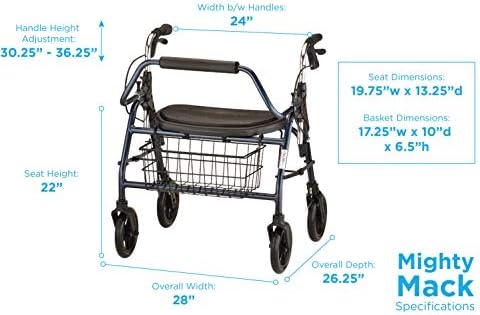NOVA Mighty Mack Heavy Duty Bariatric Rollator Walker, Rolling Walker with 500 lb. Capacity, Locking Hand Brakes, Padded Seat & Front Basket
