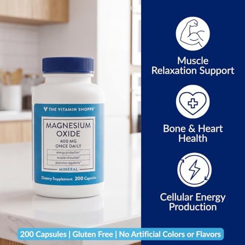 The Vitamin Shoppe Brand Magnesium Oxide 400 mg, Bone Support, 200 Count | Daily Magnesium Mineral for Muscle Relaxation
