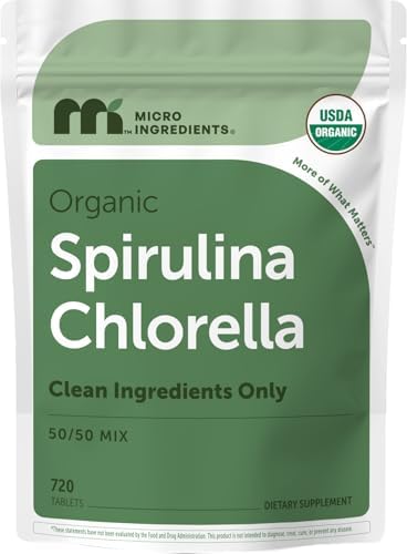 Micro Ingredients Organic Spirulina Chlorella Tablets, 720 Count | 4 Month Supply. 50/50 Algae Blend, Broken Cell Wall