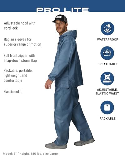 FROGG TOGGS Men's Pro Lite Rain Suit, Waterproof, Breathable, Dependable Wet Weather Protection, Carbon Black, XL/XXL