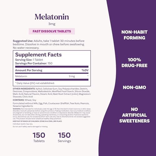 Natrol Melatonin 3 mg Fast Dissolve Tablets, Strawberry, 150 Count | Sleep Support for Adults, for Occasional Sleeplessness, No Water Needed
