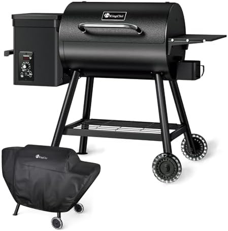 KingChii Electric Wood Pellet Grill & Smoker with Side Shelf, 456 SQ.IN Grill Capacity, with PID Temperature Control (180-425°F) for Backyard Camping Bake and Roast, Black
