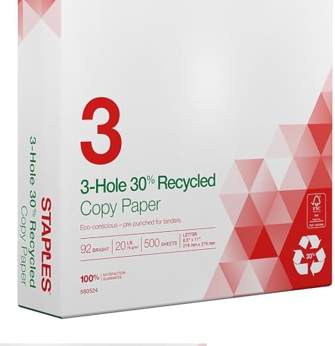 Staples 8.5" x 11" 3-Hole Punched Copy Paper, 20 lbs., 92 Brightness, 500/Ream