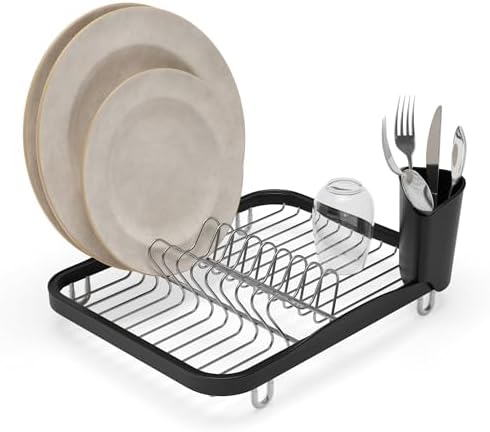 Umbra Sinkin Dish Drying Rack, in Sink or Countertop Drainer, Black/Nickel | Removable utensil holder, non slip rubber feet, fits standard sizes, coated wire and plastic