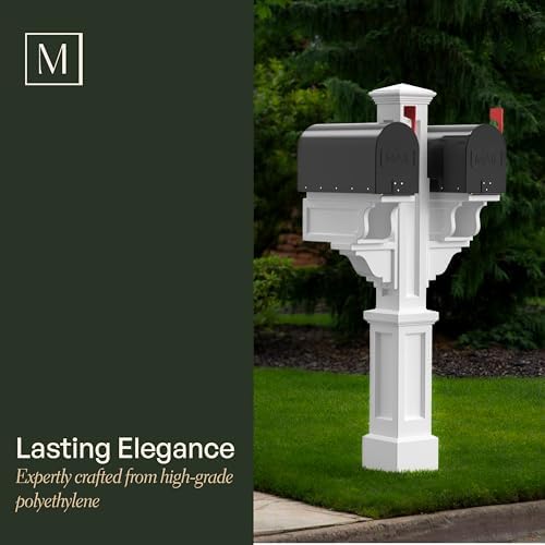 Mayne Rockport Mailbox Post with Newspaper Holder for 2 Mailboxes, White | Holds 2 post-mount mailboxes, Weather & fade resistant, All season, 15-year warranty