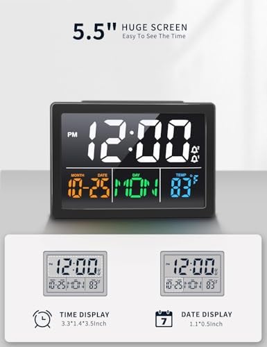 JALL Digital Clock with Date Day for Seniors, Electric Alarm Clocks for Bedrooms with Temperature, 2 Alarms, Dimmer, Dual USB Charger, Battery Backup