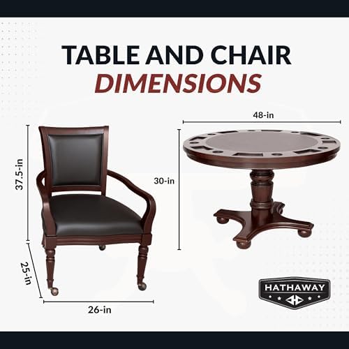 Hathaway Bridgeport 2 in 1 Round Poker Table and Chairs Set for Dining & Game Rooms – Furniture Grade Hardwood, Sturdy Pedestal Legs, Drink Holders