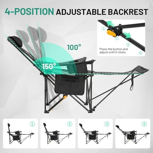 Overmont Reclining Camping Chair with Footrest - 4-Position Adjustable Backrest Lightweight Folding Lounge Chair for Adults with Pillow Carry Bag