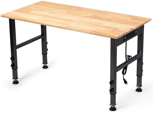 48" Adjustable Workbench, Work Table with Wheels and Power Outlet | 2000LBS Load Capacity Rubber Wood Top Workstation, Heavy-Duty Craft Table for Garage Workshop