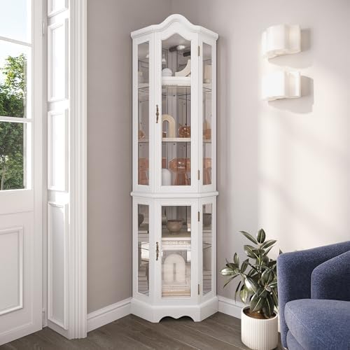 BELLEZE Lighted Corner Display Curved Top Curio Cabinet Wooden Shelving Unit with Tempered Glass Door