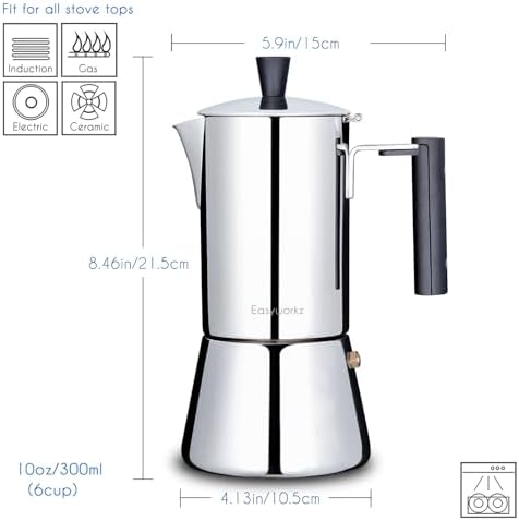 Easyworkz Pedro Stovetop Espresso Maker 6Cup 300ml Stainless Steel Italian Coffee Machine Maker Moka Pot Induction Espresso Pot