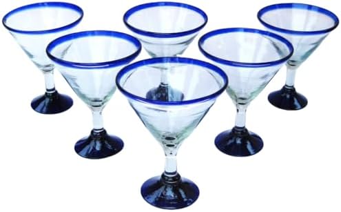 Cobalt Blue Rim 10 oz Martini Glasses (set of 6), Recycled Glass, Lead-free, Toxin-Free