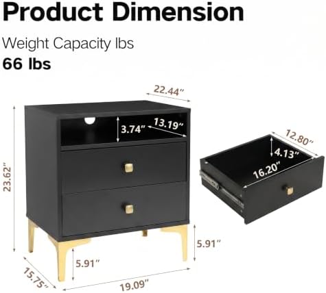AILEEKISS Black Nightstands Set of 2 with Wireless Charger Station | Modern Bedside Tables Tall Night Stands Storage with 2 Drawers Metal Legs for