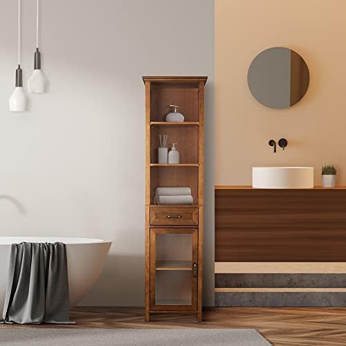 Teamson Home Avery Wooden Bathroom Linen Tower Cabinet with 1 Drawer 3 Adjustable Interior Shelves and 6 Storage Spaces, Oiled Oak