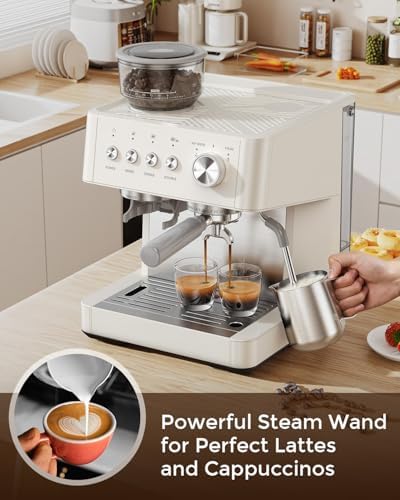 (2026 Upgrade) Espresso Machine with Grinder, 15 Bar Expresso Coffee Machines, Professional Coffee Maker for Latte&Cappuccino with Milk Frother, Expresso Machines for Home Descaling Kit Included White