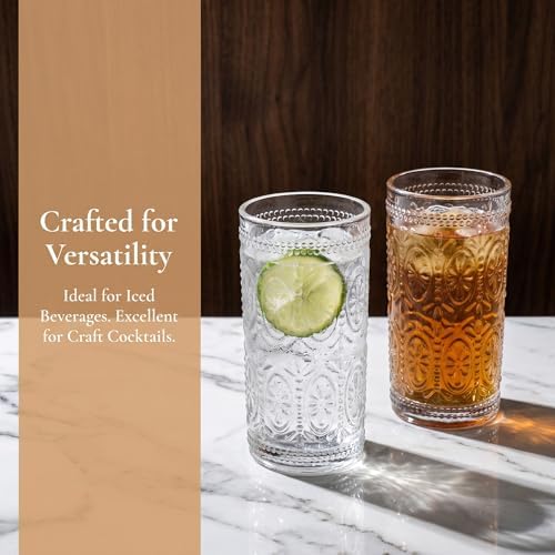 Bekith 6 Pack Romantic Drinking Glasses, 12 oz Highball Glasses, Thick Water Glasses, Tall Glass Cups for Beverages, Beer, Cocktail
