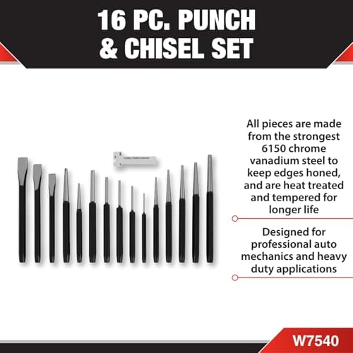 Performance Tool W758 5-Piece 8 in. Long Pin Punch Set | Carbon steel construction with hardened tips. Knurled handles for sure grip. Reaches deeply set pins